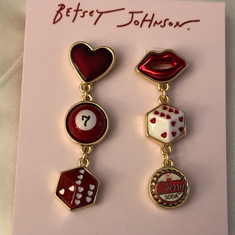 Betsey Johnson Dice, Heart, Lips & Cherry Cola Mismatch Linear Drop Earrings NWT
